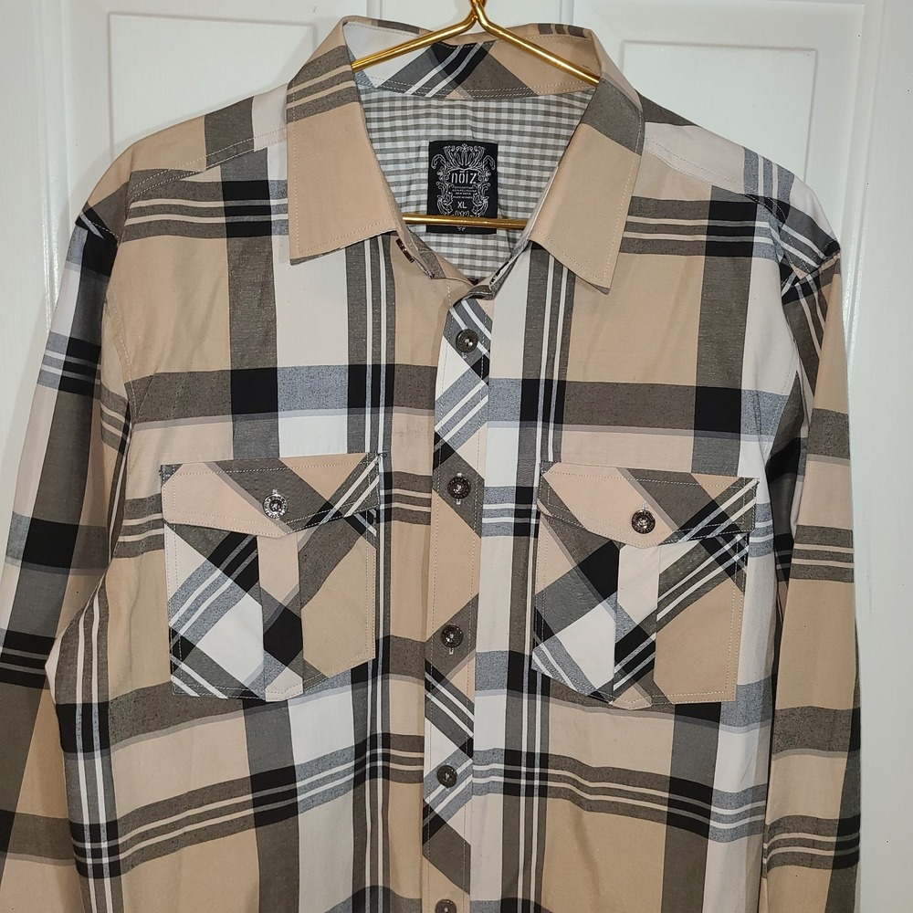 Noiz Mens Long Sleeve Button Down Tan Black Plaid Shirt Sz XL City Cowboy Style